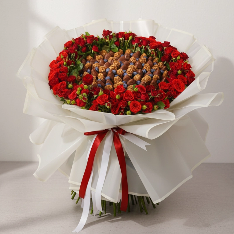 Large red roses and chocolate strawberries bouquet, handcrafted in luxury white wrap by One Love UAE